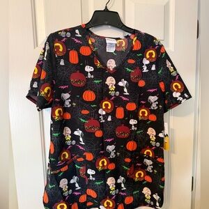 Peanuts Halloween Scrub Top - Black with Orange & Green Accents